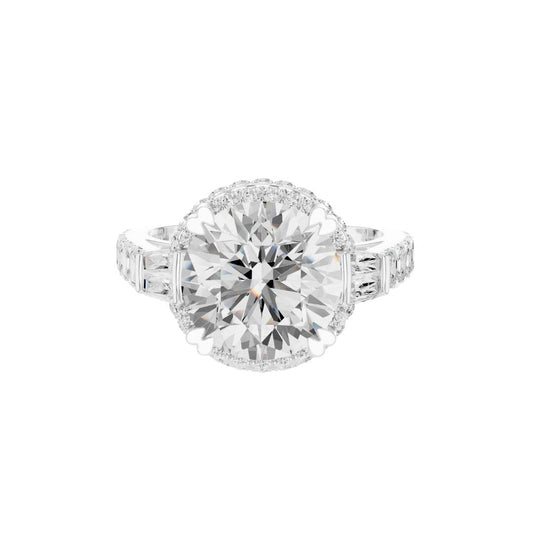 Halo Round Cut Ring with Tapered Baguette Side Stones - view 3