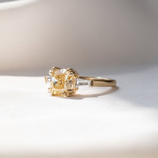 Fancy Yellow Cushion Lab Diamond With Side Baguette Diamond Ring - view 2