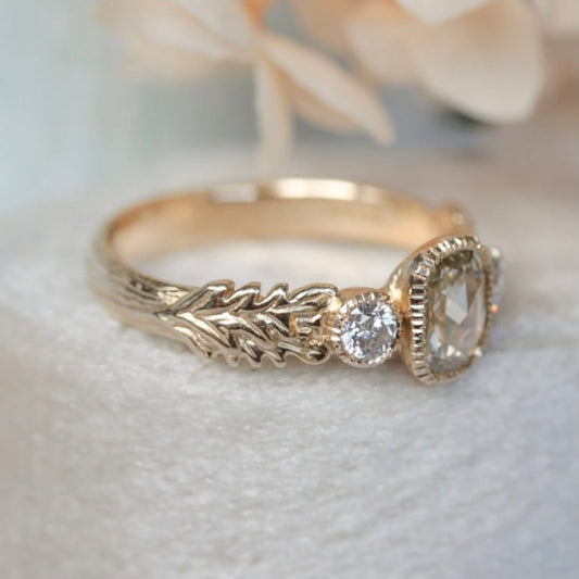 Cushion Rose Cut Vintage Three Stone Bezel Moissanite Engagement Ring - view 3