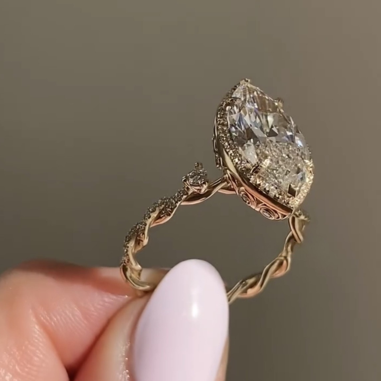 Halo Marquise Cut Lab Diamond Engagement Ring with Pave Band - view 2
