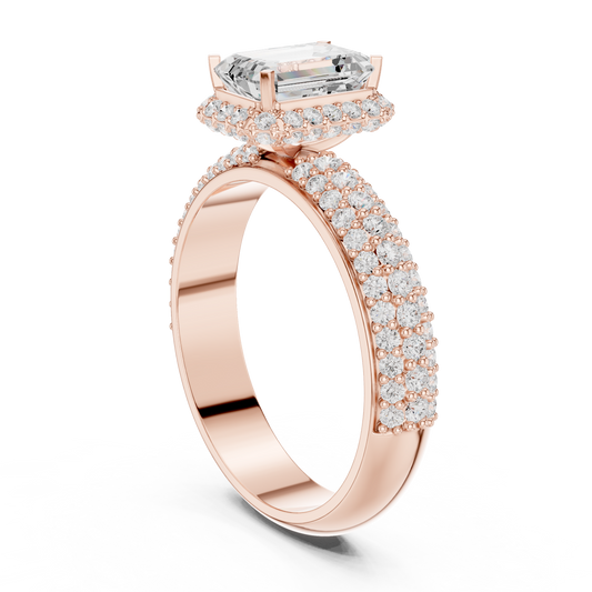 Emerald Cut Hidden Halo Moissanite Ring with Wide Pave Band - view 3