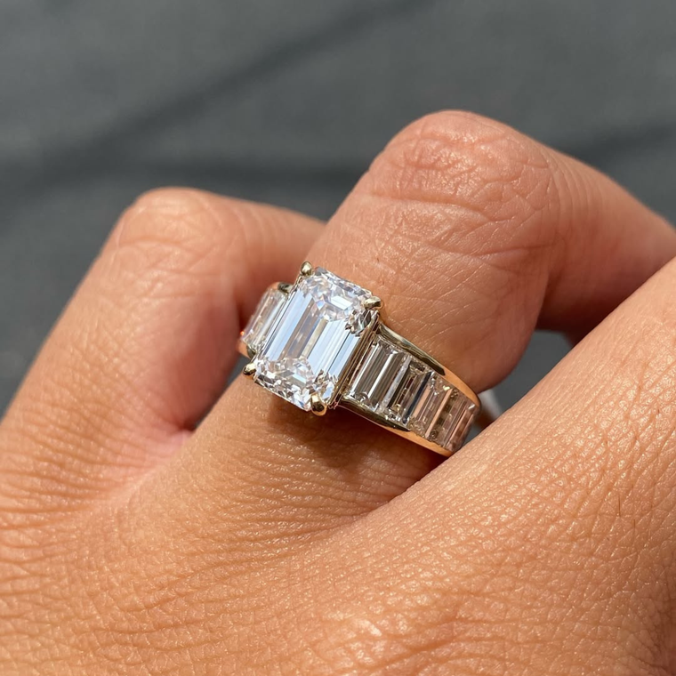 Emerald Moissanite Ring With Tapered Baguette Side Stones - view 2