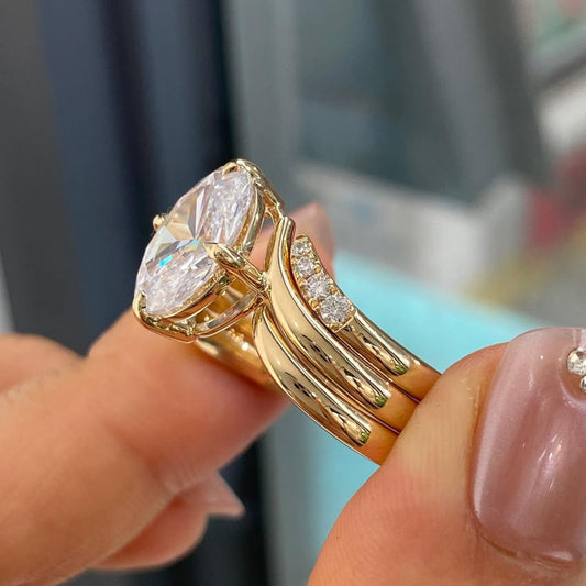 Oval Cut Moissanite Curve Three Band Bridal Ring Set - view 3
