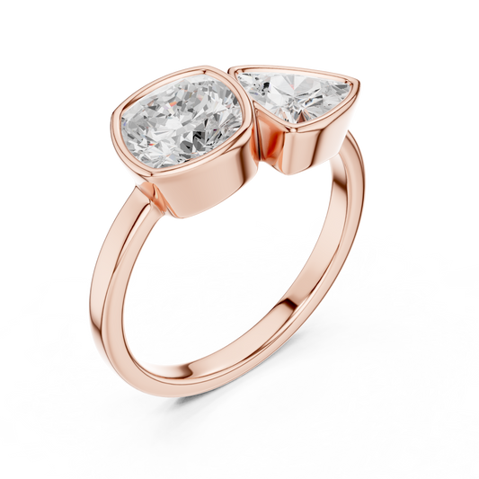 Cushion and Trillion Moissanite Bezel Set Toi et Moi Ring - view 3