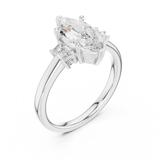 Marquise Engagement Three Stone Ring with Lab Diamond Emerald Side Stone - view 4