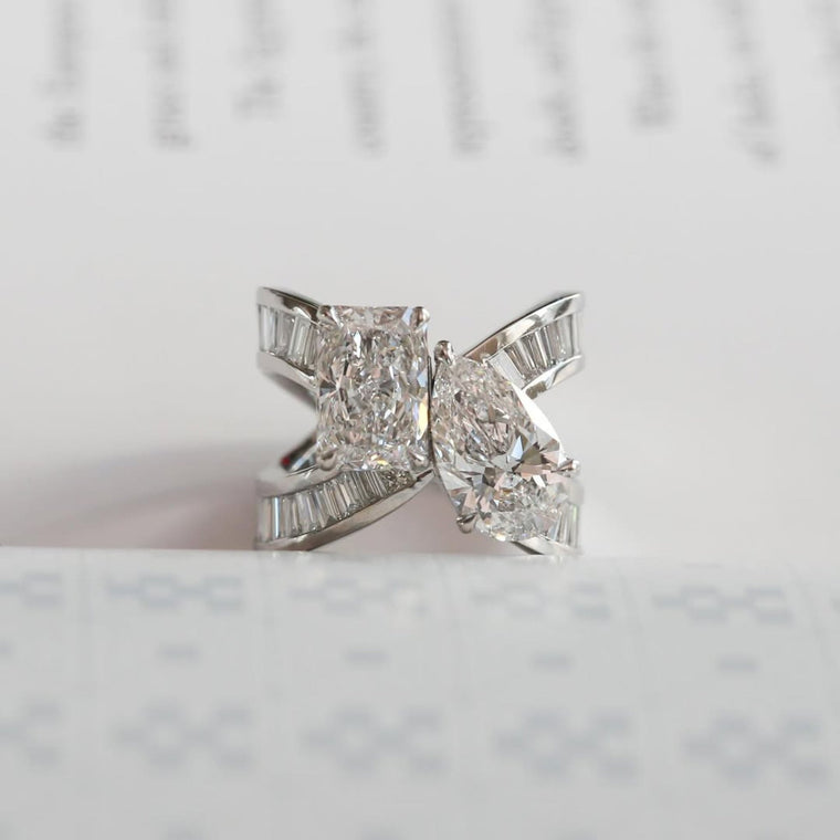 Radiant and Pear Moissanite Toi et Moi Baguette Bypass Ring - view 2