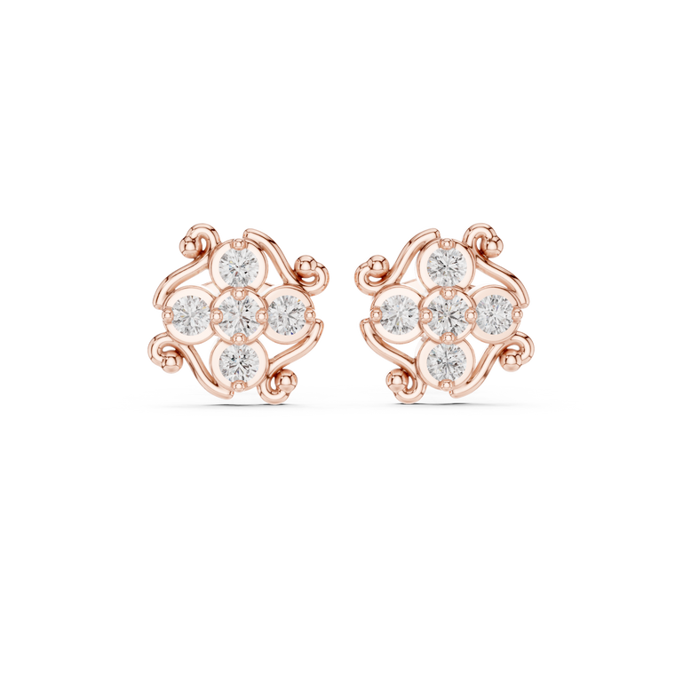 Floral Cluster Lab Diamond Stud Earrings with Spiral Ribbon Whirl - view 2