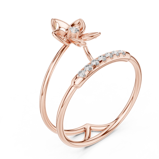 Dual Pave Band Flower Round Moissanite Ring - view 3