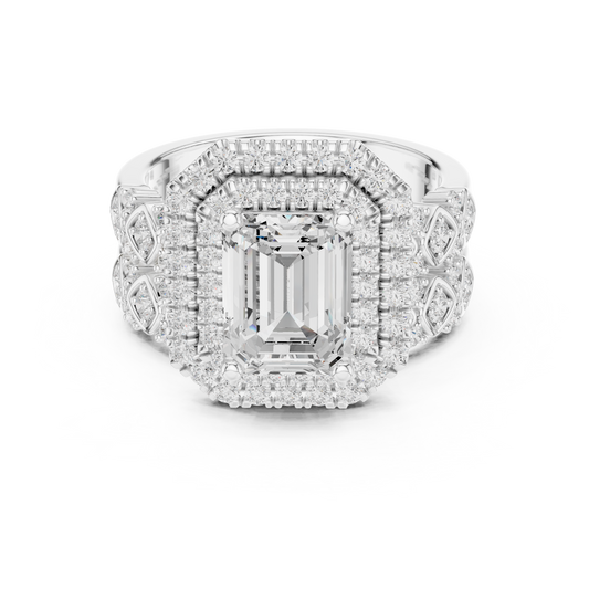 Emerald Cut Lab Diamond Halo Ring with Double Pave Setting - view 3