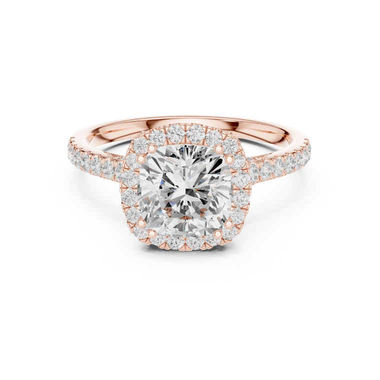 Cushion Cut Halo With Moissanite Ring with Pave Band - view 2