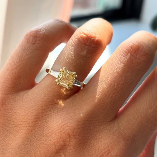 Fancy Yellow Cushion Lab Diamond With Side Baguette Diamond Ring - view 3