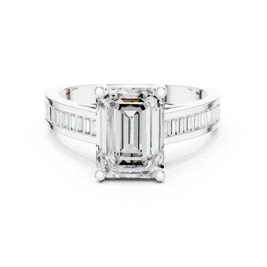 Emerald Cut Lab Diamond Ring With Baguette Channel Side Band - view 3