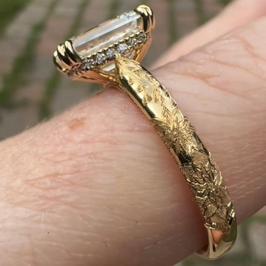 Dual Prong Emerald Cut Engagement Ring With Engraved Band - view 3