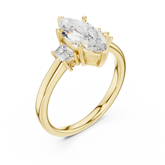 Marquise Engagement Three Stone Ring with Lab Diamond Emerald Side Stone - view 2
