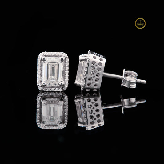 Emerald Cut Micro Pave Halo Stud Earrings - view 2