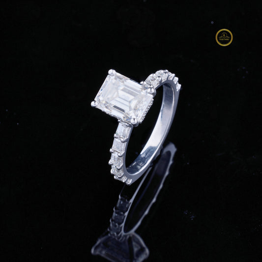 Pave Emerald Moissanite Anniversary Ring With Hidden Halo Band - view 3