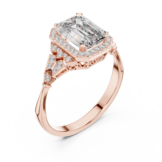 Emerald Cut Lab Diamond Halo Engagement Ring With Filigree - view 3