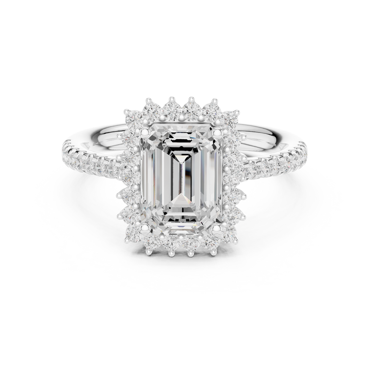 Emerald Cut Halo Lab Grown Diamond Ring with Pave Band - view 3