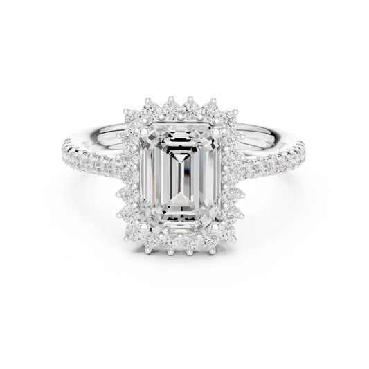 Emerald Cut Halo Lab Grown Diamond Ring with Pave Band - view 3