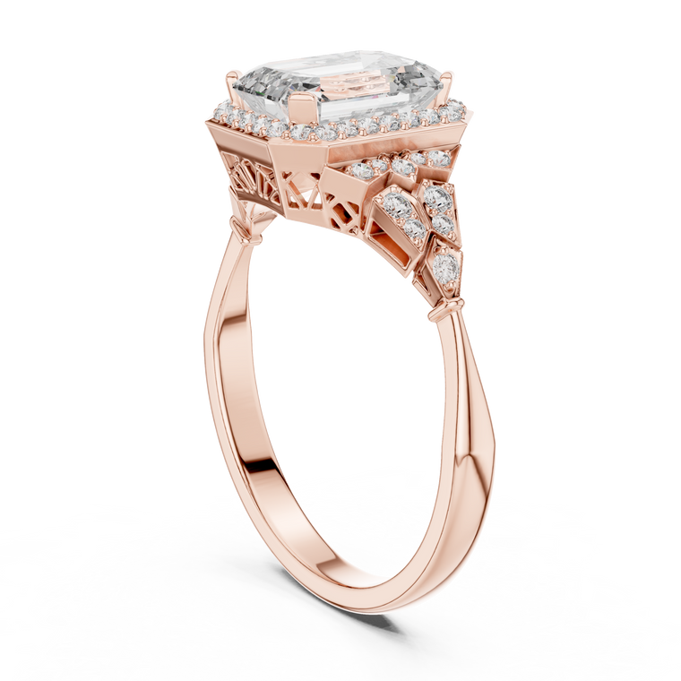 Emerald Cut Lab Diamond Halo Engagement Ring With Filigree - view 2