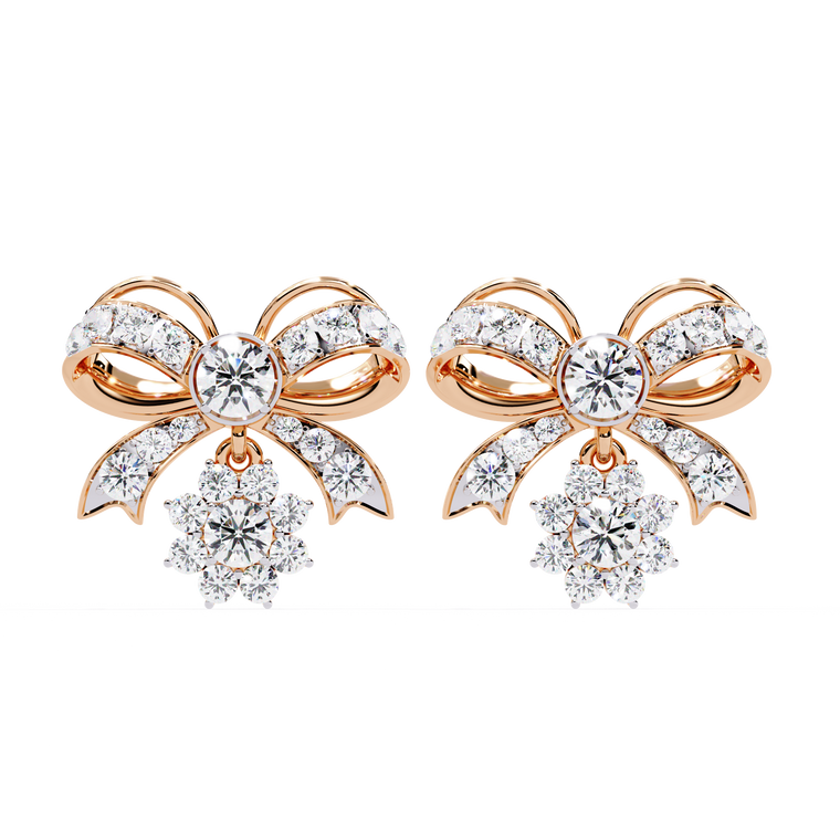 Round Bow Drop Earrings with Pave Floral Charm - view 2