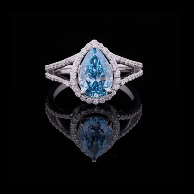 Fancy Vivid Blue Pear Lab Diamond With Halo Split Pave Band