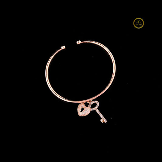 Round Heart Lock Key Charms Open Torque Bangle Bracelet - view 4