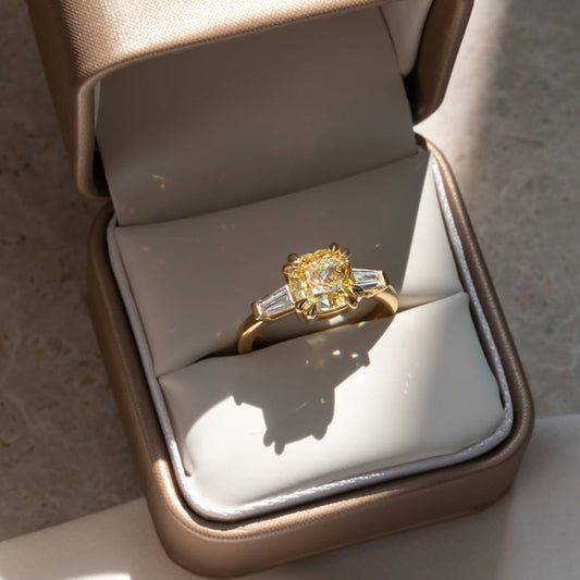 Fancy Yellow Cushion Lab Diamond With Side Baguette Diamond Ring - view 4