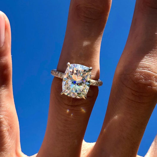 Cushion Cut Lab Diamond Hidden Halo Ring with Slim Pave Band - view 2