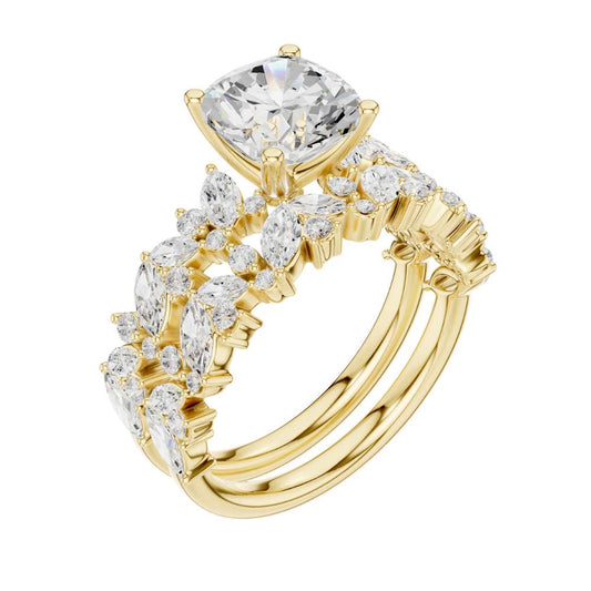 Floral Halo Cushion Cut Lab Diamond Ring With Wedding Eternity Band - view 4