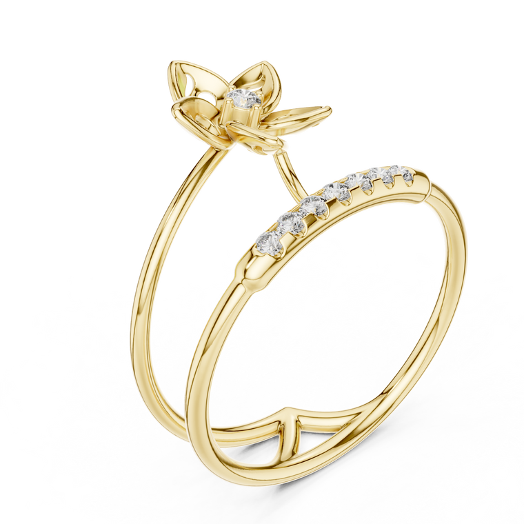 Dual Pave Band Flower Round Moissanite Ring - view 2