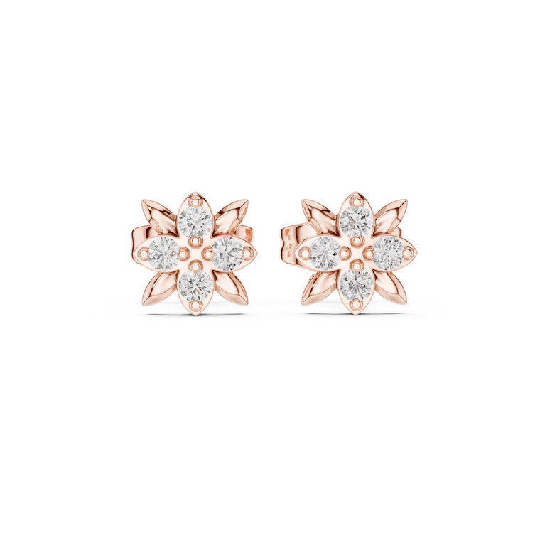 Leaf Petal Round Flower Stud Earrings with Cluster Center - view 2