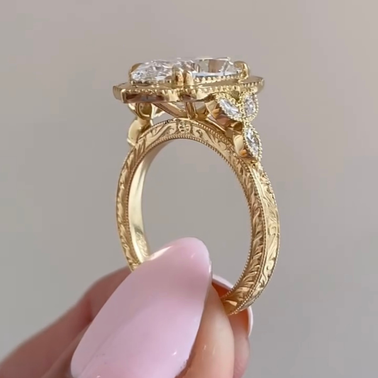 Vintage Marquise Cut Lab Diamond With Side Stone Engagement Ring - view 3