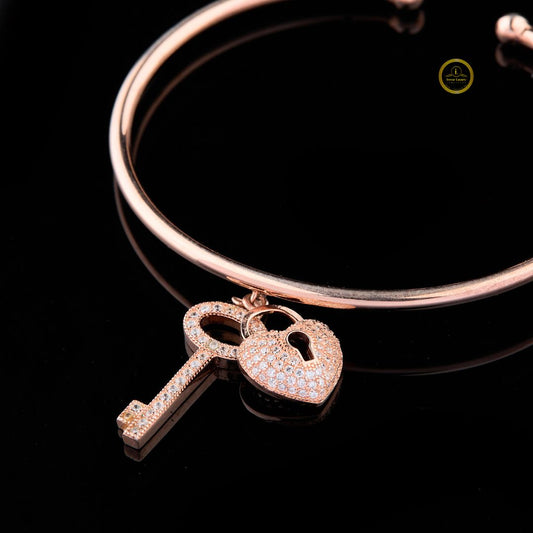 Round Heart Lock Key Charms Open Torque Bangle Bracelet - view 2