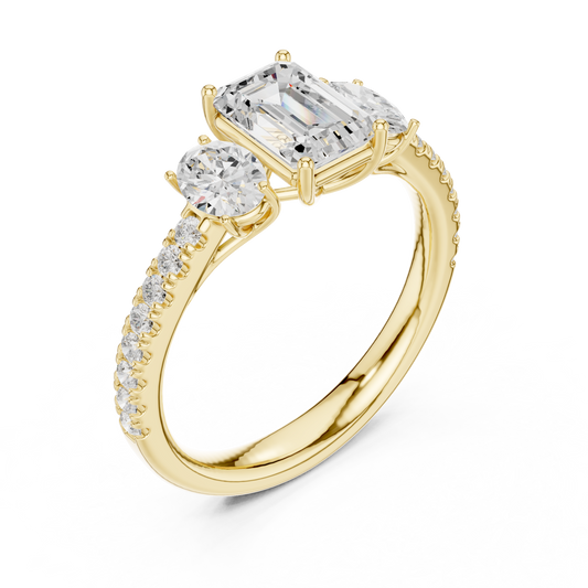 Emerald Cut Lab Diamond Ring with Oval Side Stones & Pave Band - view 4