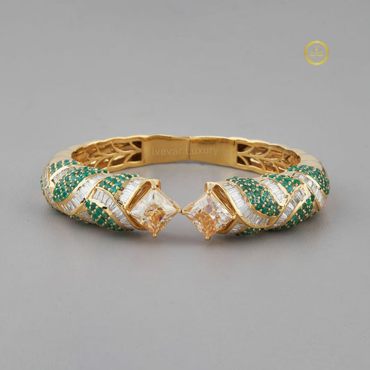 Emerald Cut Moissanite Crossover Hinged Bangle with Green Pave Bracelet - view 2