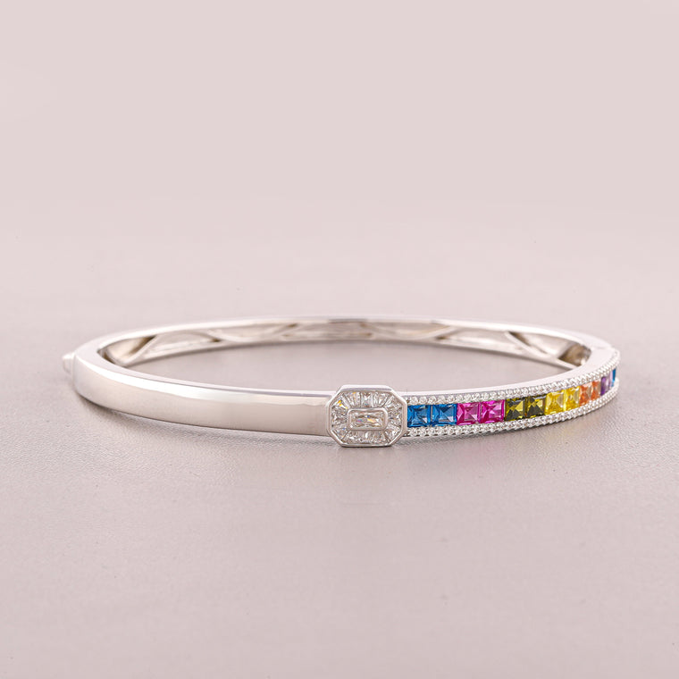 Rainbow Baguette Diamond Hinged Bangle Bracelet - view 2
