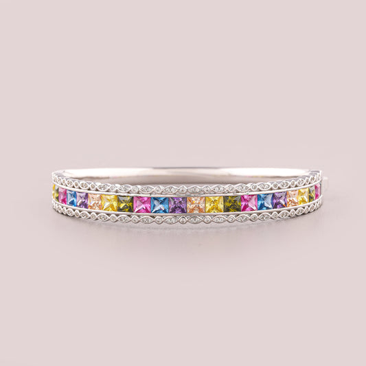 Rainbow Gemstone Channel Hinged Halo Bangle Bracelet - view 2