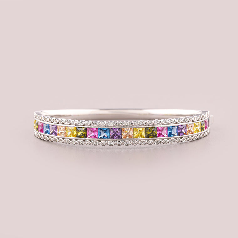Rainbow Gemstone Channel Hinged Halo Bangle Bracelet - view 2