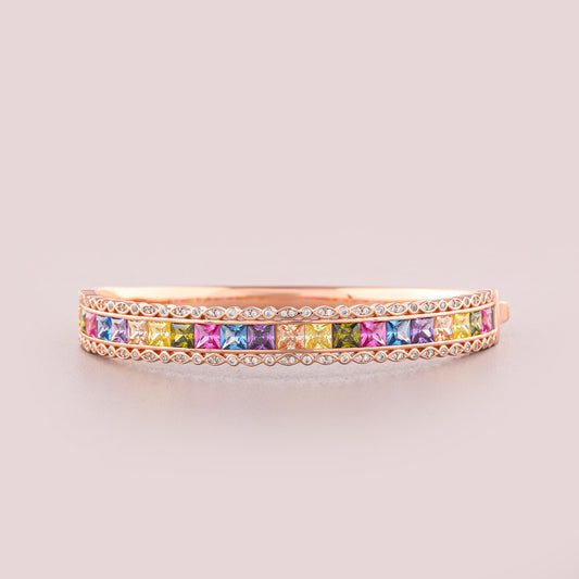 Natural Inspire Princess Cut Gemstone Scalloped Halo Hinged Bangle - view 2