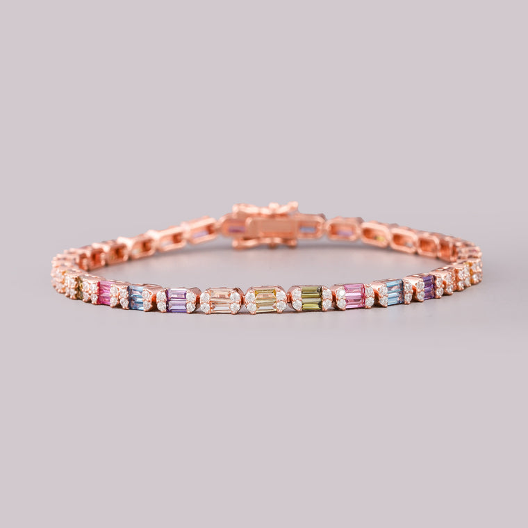 Rainbow Emerald Cut East-West Gemstone Halo Tennis Bracelet - view 2