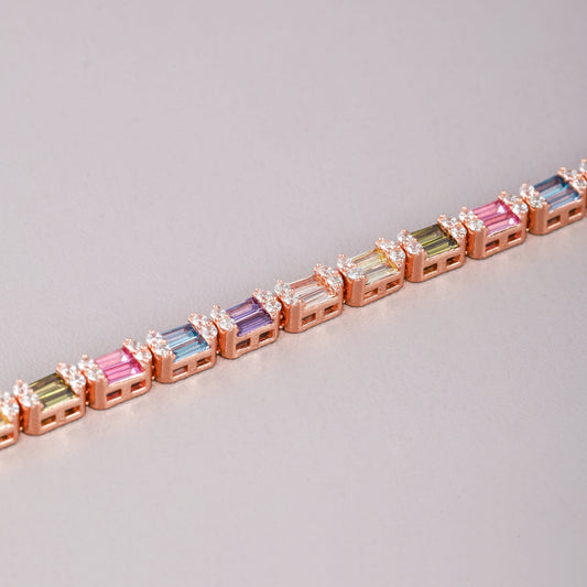Rainbow Emerald Cut East-West Gemstone Halo Tennis Bracelet - view 4