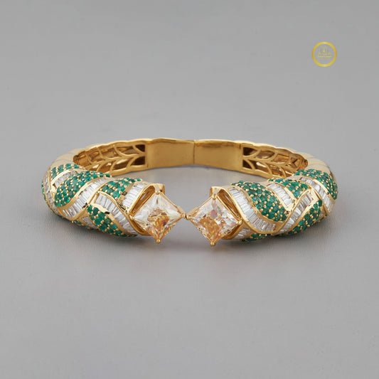 Emerald Cut Crossover Hinged Bangle, Green Pave - view 2