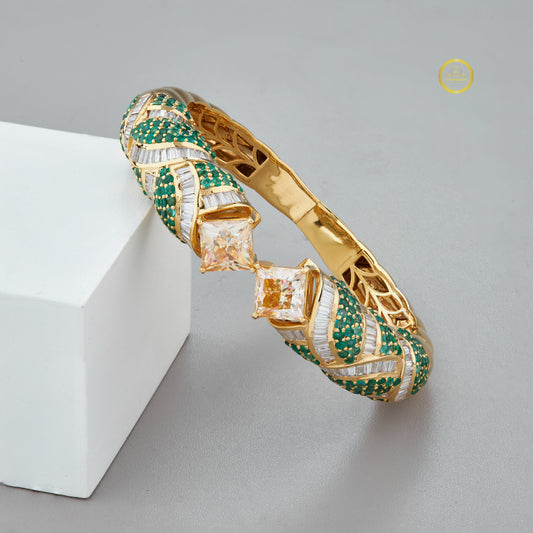 Emerald Cut Crossover Hinged Bangle, Green Pave - view 3