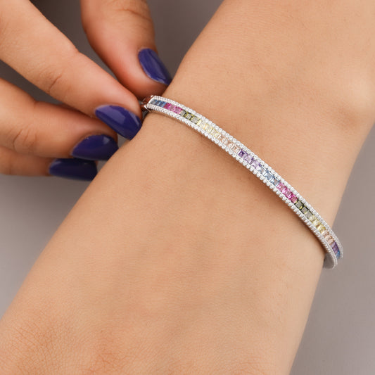 Rainbow Baguette Gemstone Halo Tennis Bracelet - view 3
