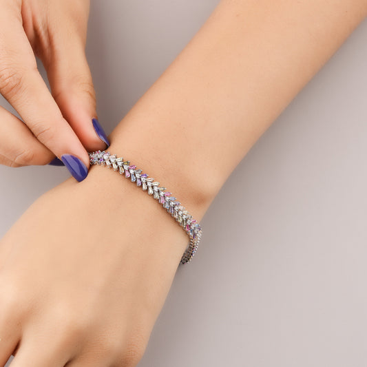 Rainbow Baguette Gemstone Chevron Link Tennis Bracelet - view 3