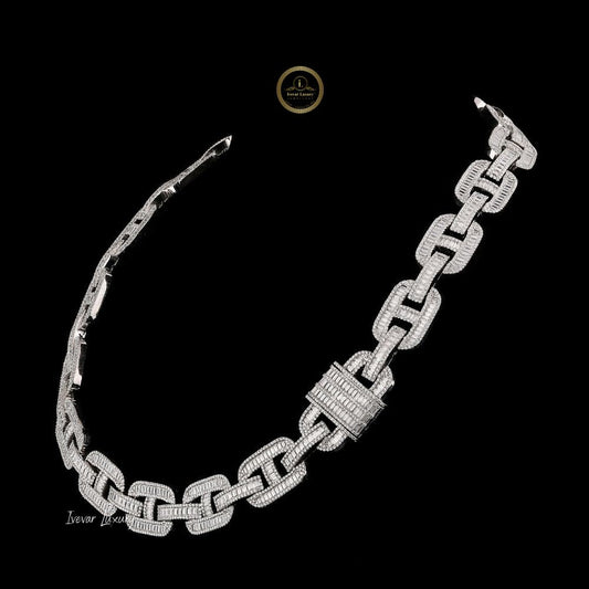 Baguette Moissanite Encrusted Mariner Link Chain Necklace with Pave Accents - view 2