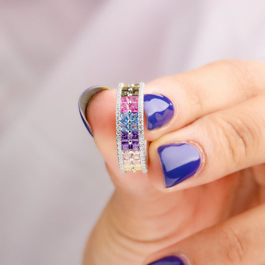 Rainbow Baguette Diamond Huggie Hoop Earrings - view 3