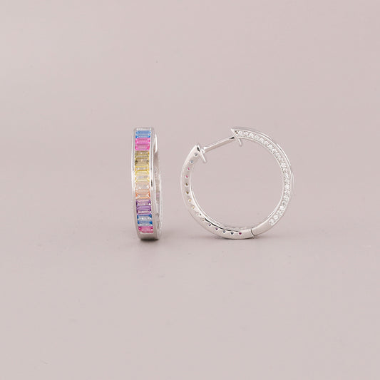 Rainbow Baguette Diamond Huggie Hoop Earrings - view 2