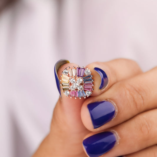 Rainbow Baguette Gemstone Floral Stud Earrings - view 3